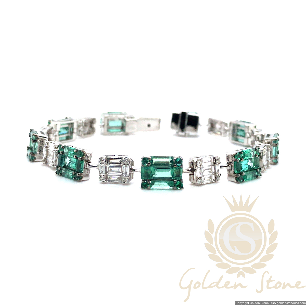 Emerald Baguette and Diamond Bracelet in 18K White Gold